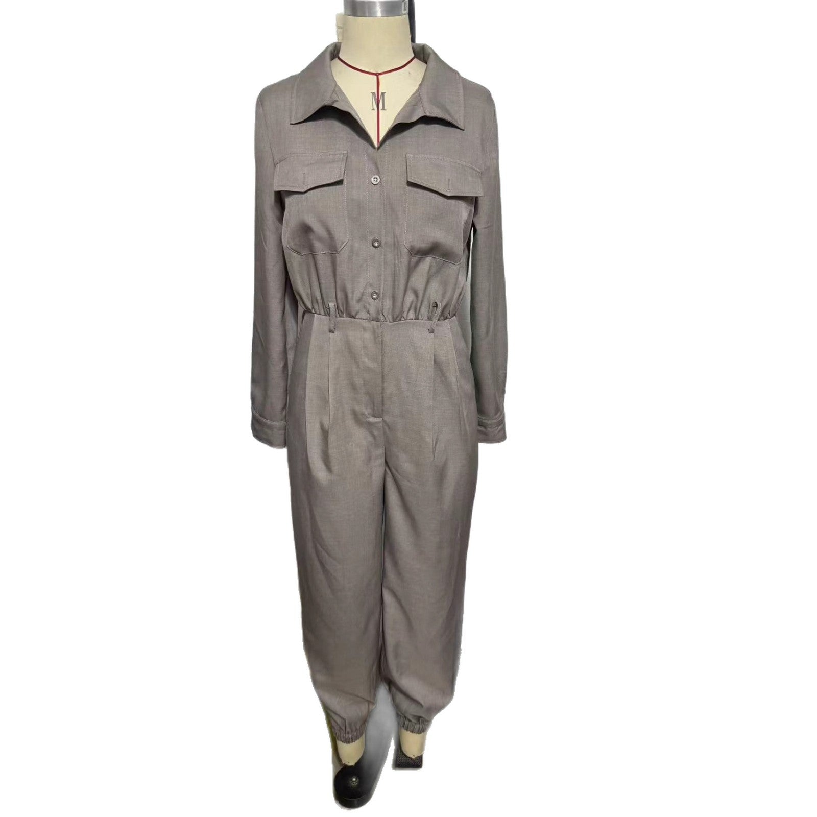 Chic Cotton-Linen Long-Sleeve Lapel Jumpsuit