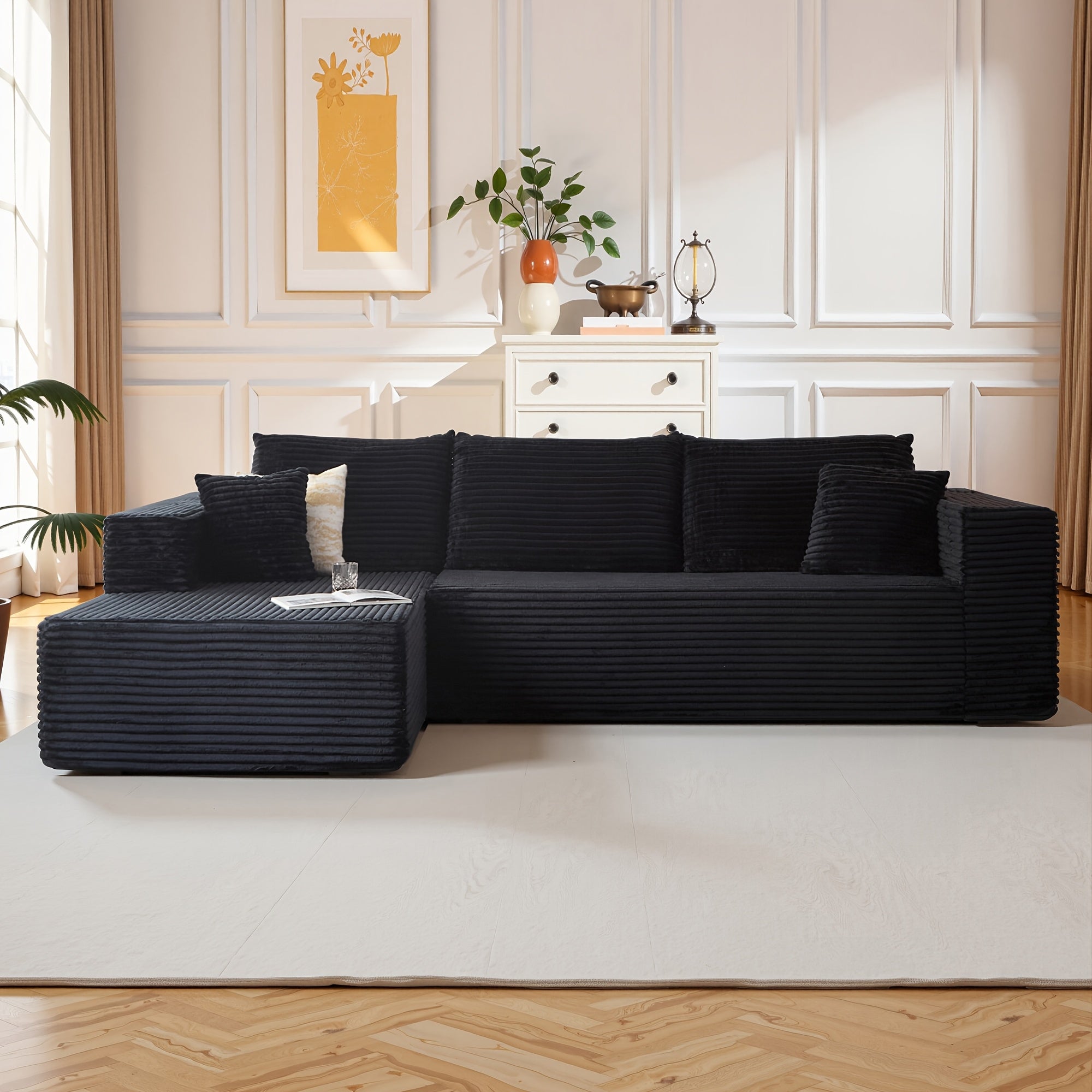 Modular L-shaped chaise longue sofa bed with deep seat and corduroy upholstery