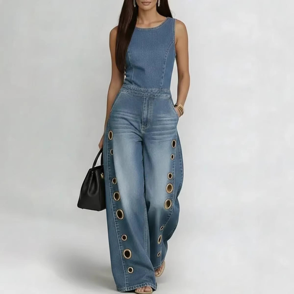High-waisted Loose-fit Cutout Metal-detail Denim Jumpsuit