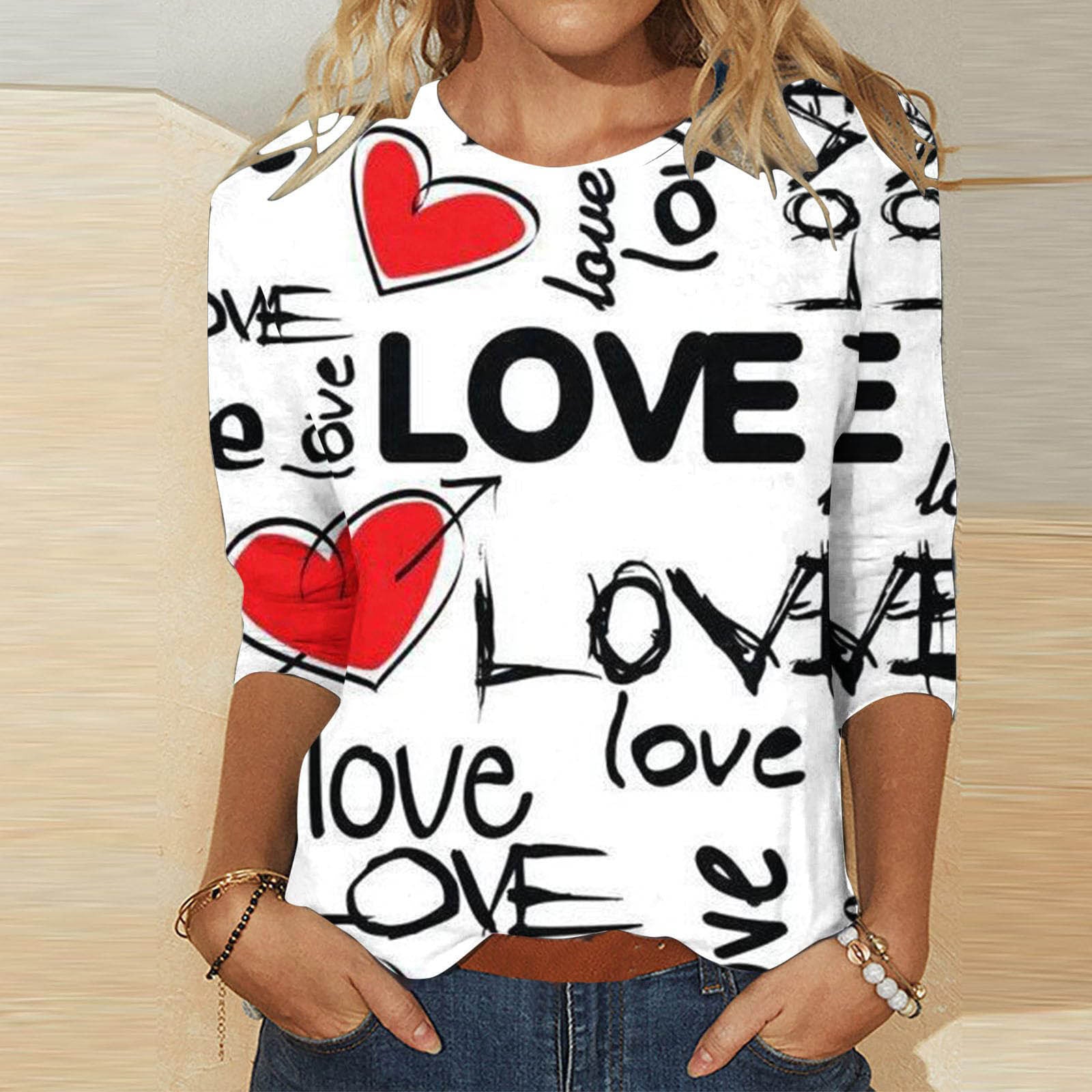 Valentine's Heart Print Casual Crew Neck T-Shirt