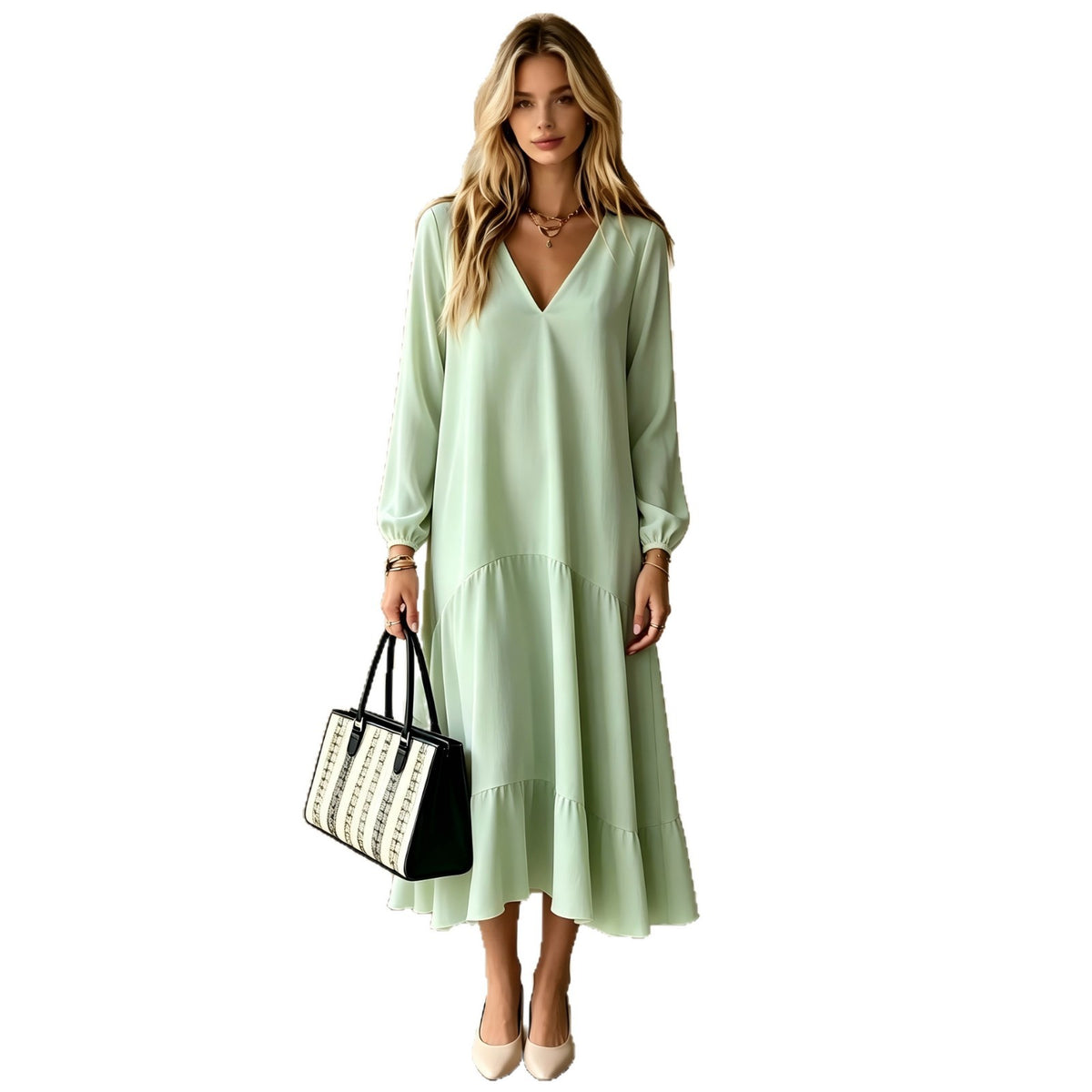 Elegant V-Neck Long-Sleeve Maxi Dress