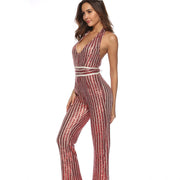Fashion V-neck Sequins Jumpsuit Waist-slimming Belt Party Casual