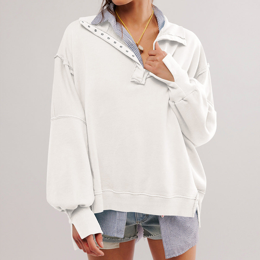 Chic Button Lapel Lantern Sleeve Sweatshirt