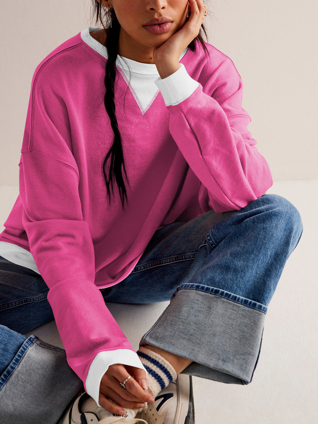 Color-Block Lantern Sleeve Casual Pullover Sweatshirt