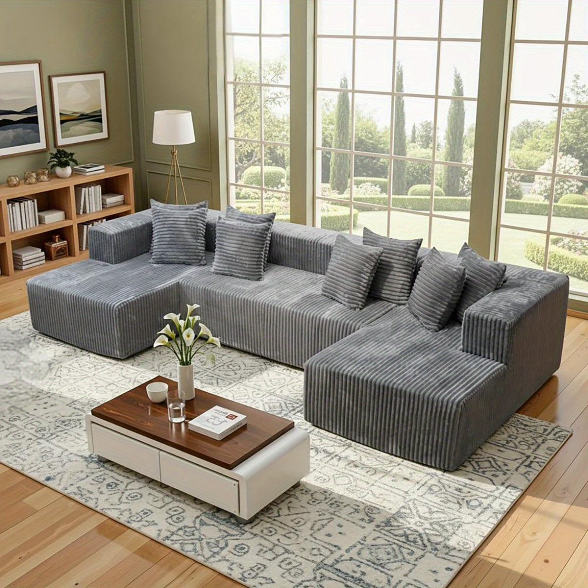 132‑Inch U‑Shaped Modular Corduroy Sofa Bed with Convertible Sleeper