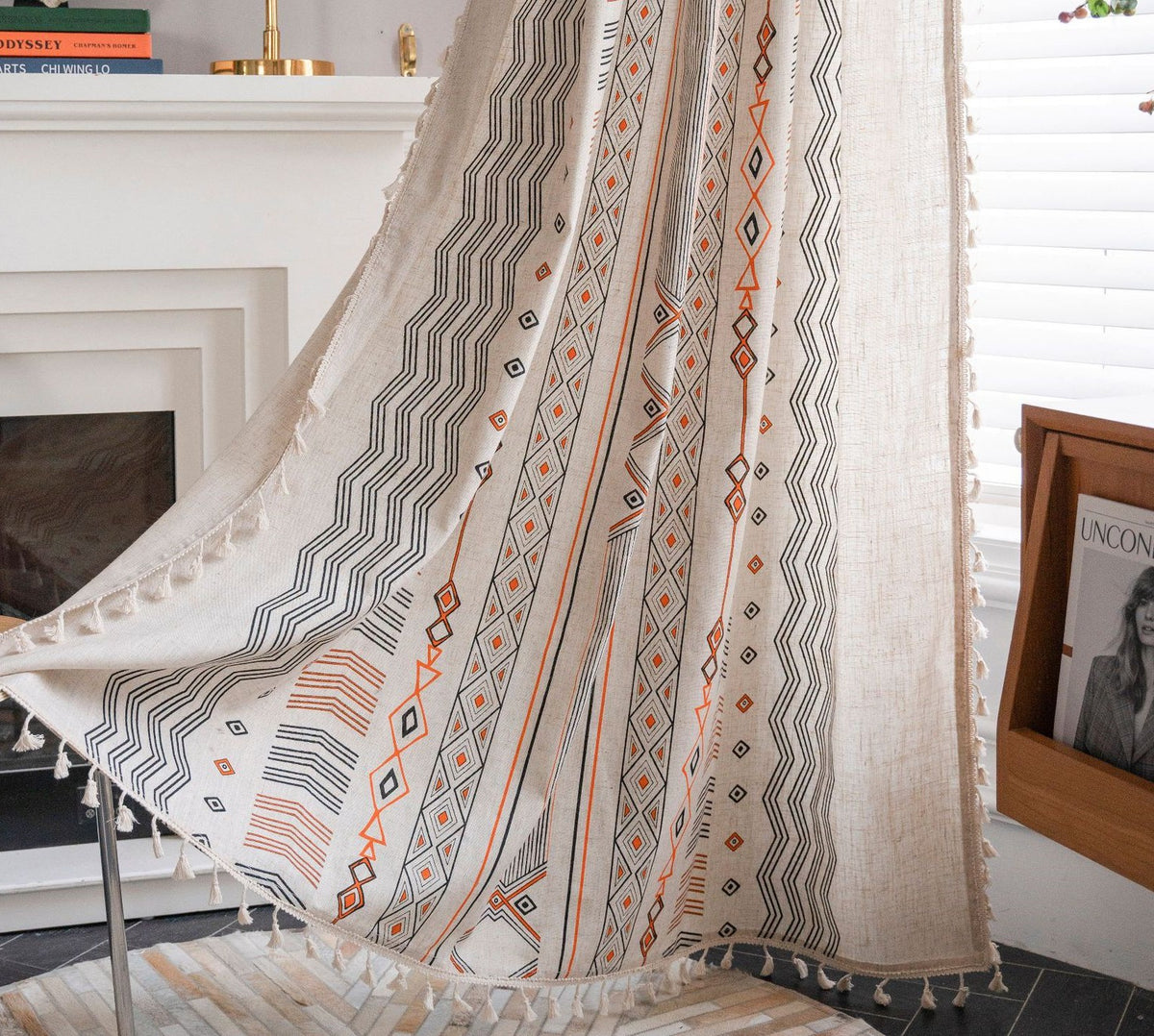 Boho Cream Cotton and Linen Print Sun Shade Non-punched Curtain Fabric