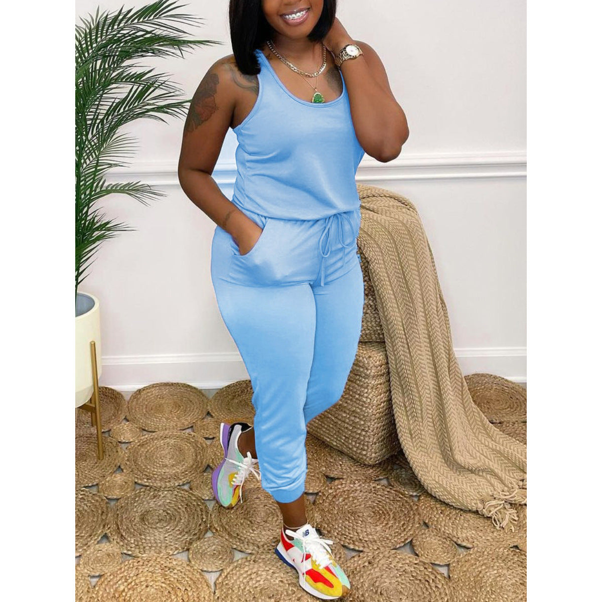 Solid Color Fashion Tight Belt Pocket Vest Jumpsuit