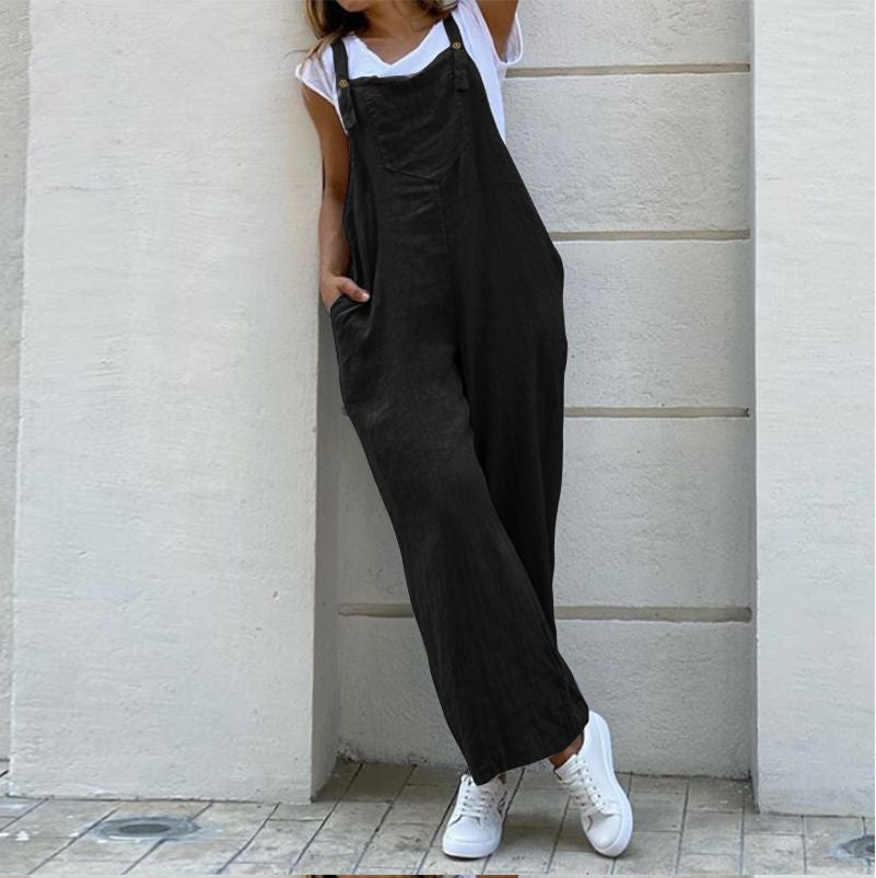 High Waist Sling Solid Color Long Jumpsuit