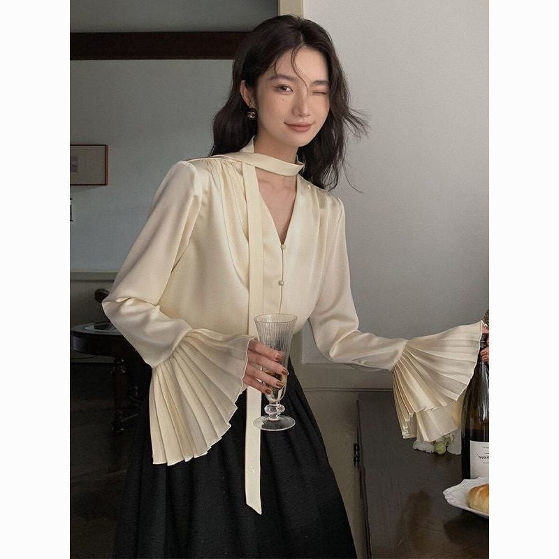 Women's Ruffled Sleeve Top Loose Shirt With Ribbon
