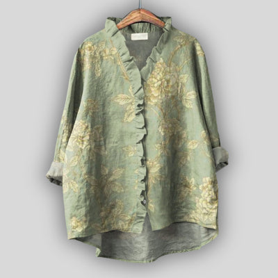 Floral Lace Collar Comfortable Casual Linen Round Neck Short Sleeve