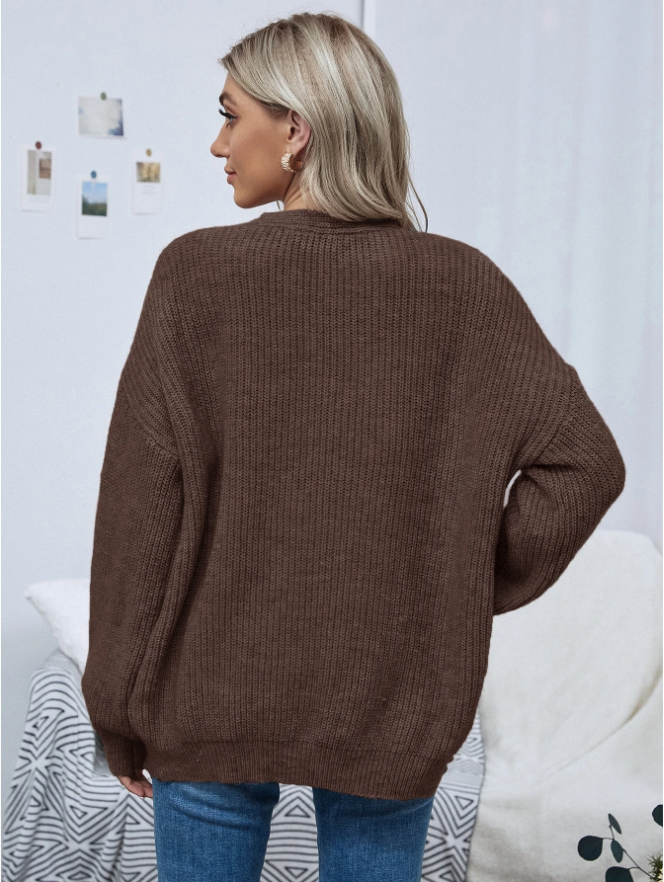 Open Front Drop Shoulder Solid Cardigan,long Sleeve Tops