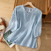 Elegant Embroidered Lace Ramie Cotton-Linen Women's Shirt