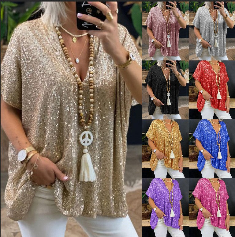 Women's Sequined V-Neck Loose Pullover Top