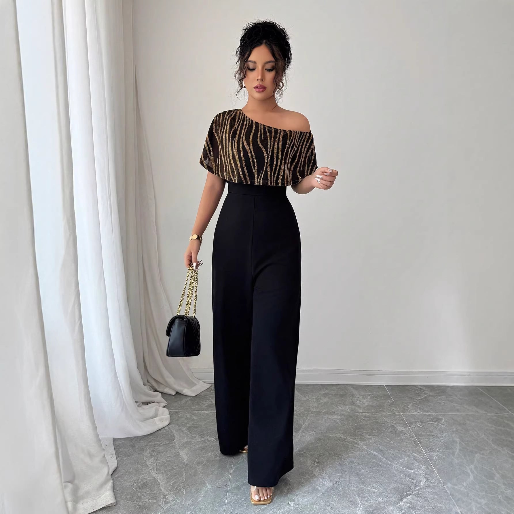 Elegant Geometric Print Slant Neck Ruffle Sleeve Jumpsuit