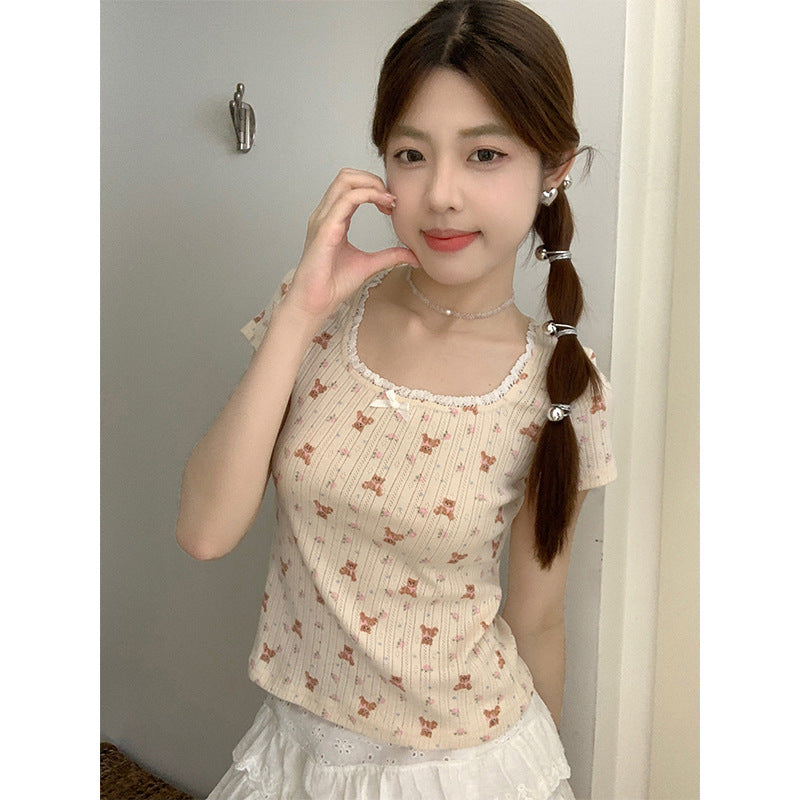 U Collar Lace Short-sleeved T-shirt Slim-fit Floral Top