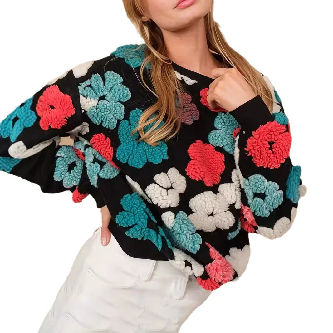 Retro 3D Floral Loose Cashmere Sweater