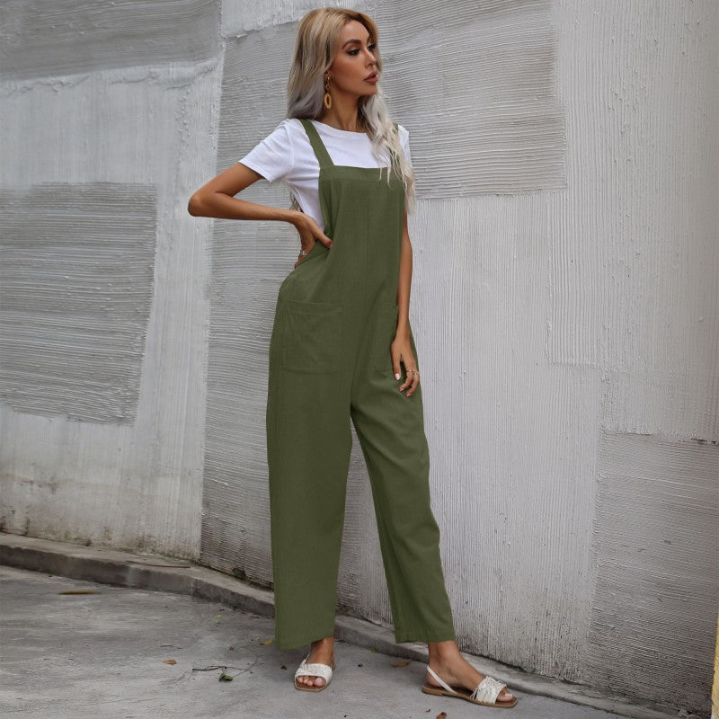 European And American Style Casual Simple Pocketed Sleeveless Suspender Jumpsuit