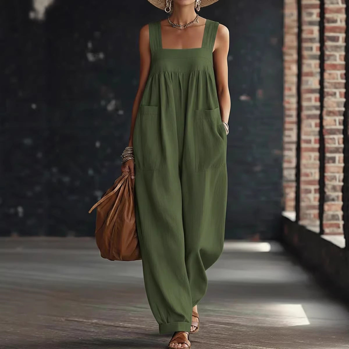Elegant Solid Pocketed Women's Linen Jumpsuit