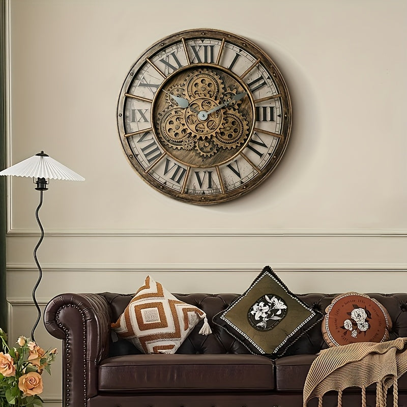 TIMESS Gear Decorative Wall Clock, 18-inch Oversized Size, Roman Numerals, Industrial Mechanical Atmosphere, American Country Style, Battery-powered Silent Timekeeping, No Ticking, Perfect Home Decoration And Holiday Gift