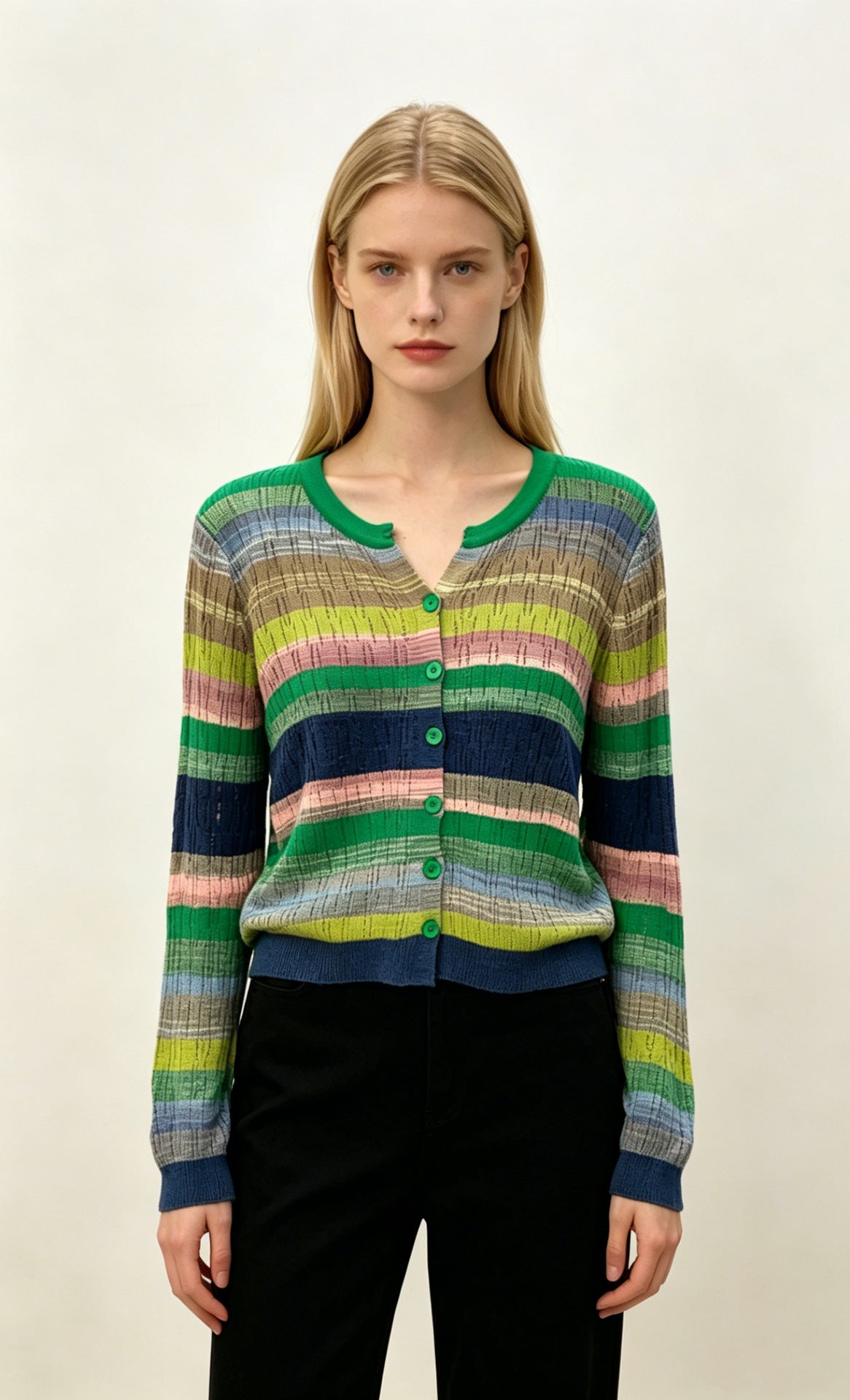 Womens Hollow-out Color-block Striped V-neck Knitted Cardigan Top
