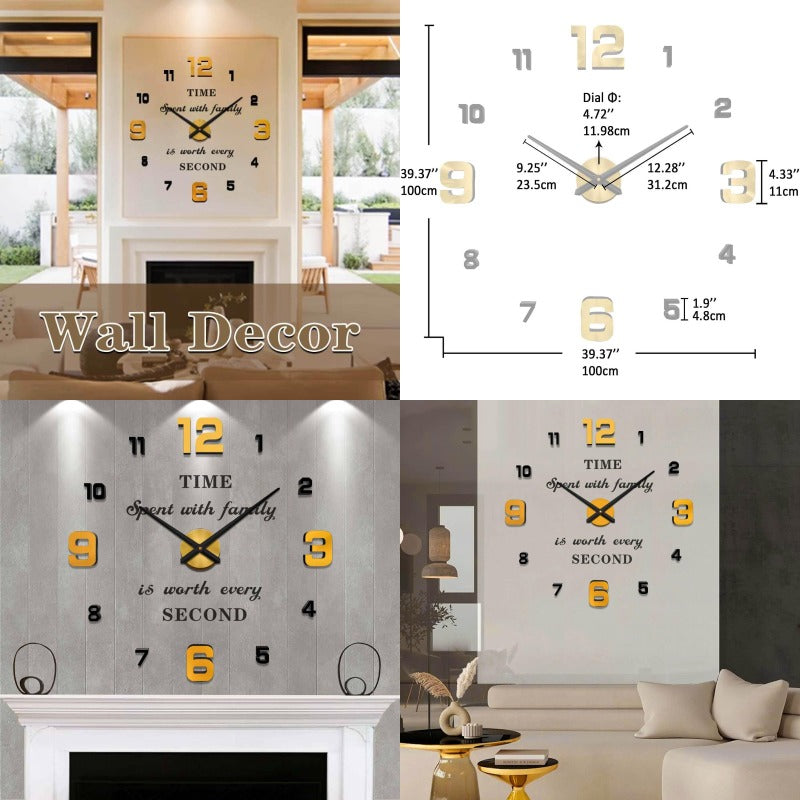 Large Frameless Modern Minimalist Wall Clock - 3D Easy-to-Read Hands & Face, Battery-Powered (No Wiring) with Glass Face & Rectangular Design for Living Room, Bedroom, Office Decor - Home Decoration, Large Easy-to-Read Numerals