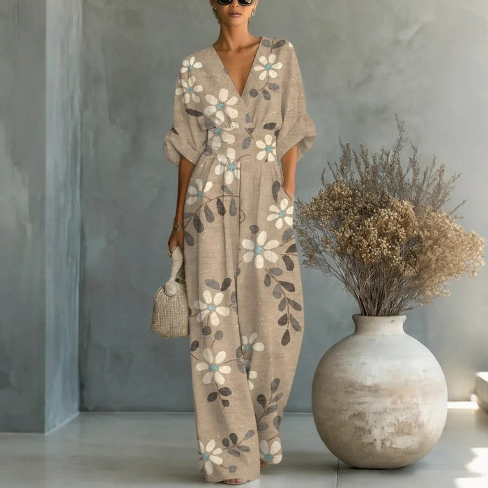Printed V-Neck Waist-Cinched Wide-Leg Jumpsuit