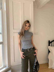 Pure Color Half Collar Vest Women's Short-sleeved Waist T-shirt