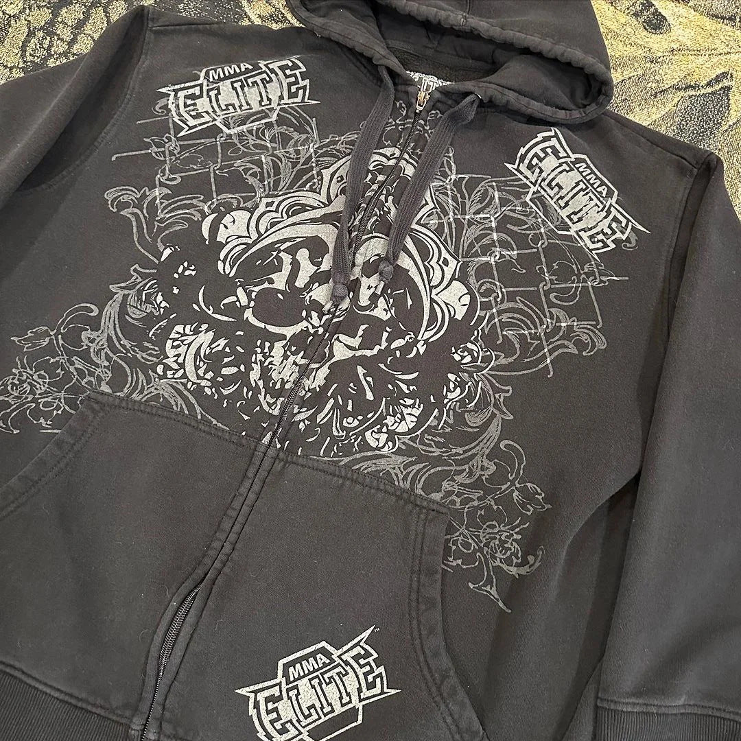 Punk Skull Print Loose Zip Hoodie Gothic Streetwear Sweatshirt