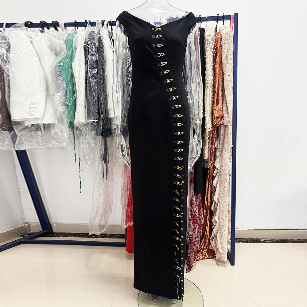 Off-Shoulder Metal Button Slit Maxi Dress