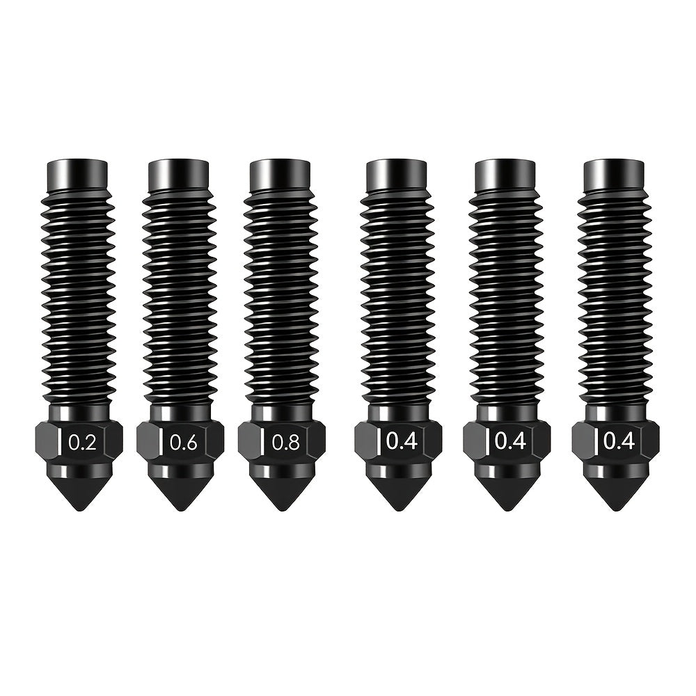 6‑Piece Hardened Steel Nozzle Kit (0.2 mm, 0.4 mm, 0.6 mm, 0.8 mm) for High‑Temperature 3D Printers