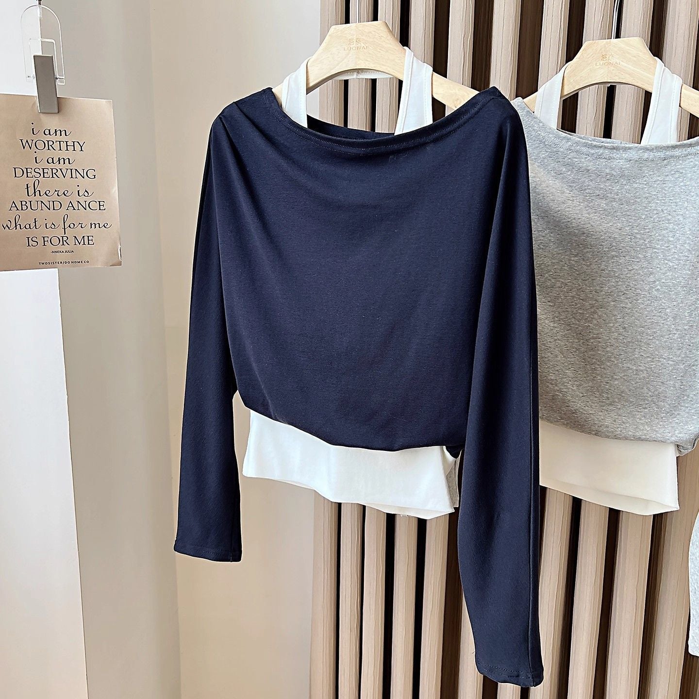 Elegant Faux Two-Piece Long-Sleeve Top – Light Gray/Navy