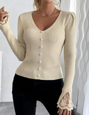 Elegant V-neck Knitted Lace Sweater