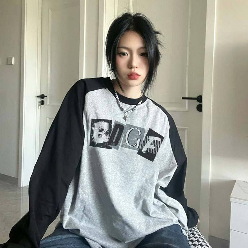 Oversized American-Style Long-Sleeve Black & Gray Tee