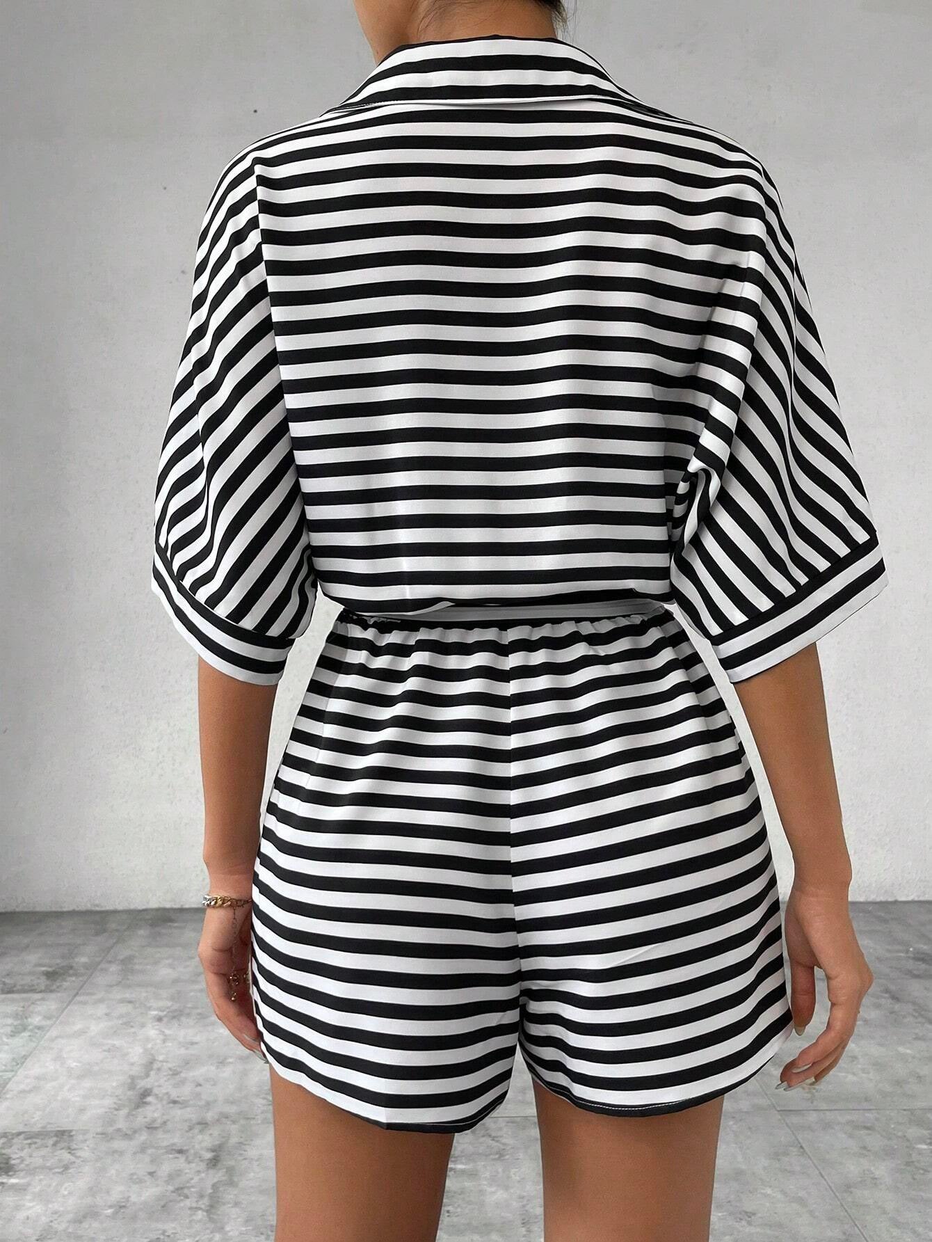 Summer Striped Lapel Belted Jumpsuit