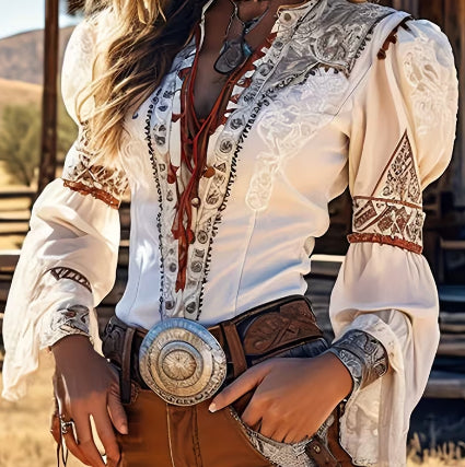 Western Cowboy Style Embroidered Tie-up Puff Sleeve Women's Long-sleeved Waist-cinching Retro Shirt