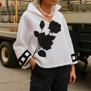 Stylish Relaxed-fit Womens T-shirt With A Stand-up Collar Long Sleeves And A Floral Print