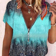 Printed V-neck Short Sleeved Casual Shirt Top