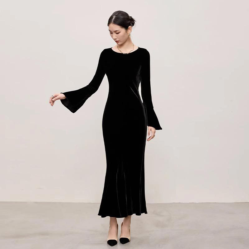 Temperament Long Sleeve Slim Fit Long Dress Women's Vintage Velvet…