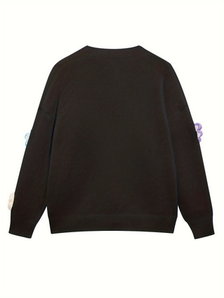 Ladies Colorful Flower Knit Cardigan Loose Long Sleeve Casual Layering Outerwear