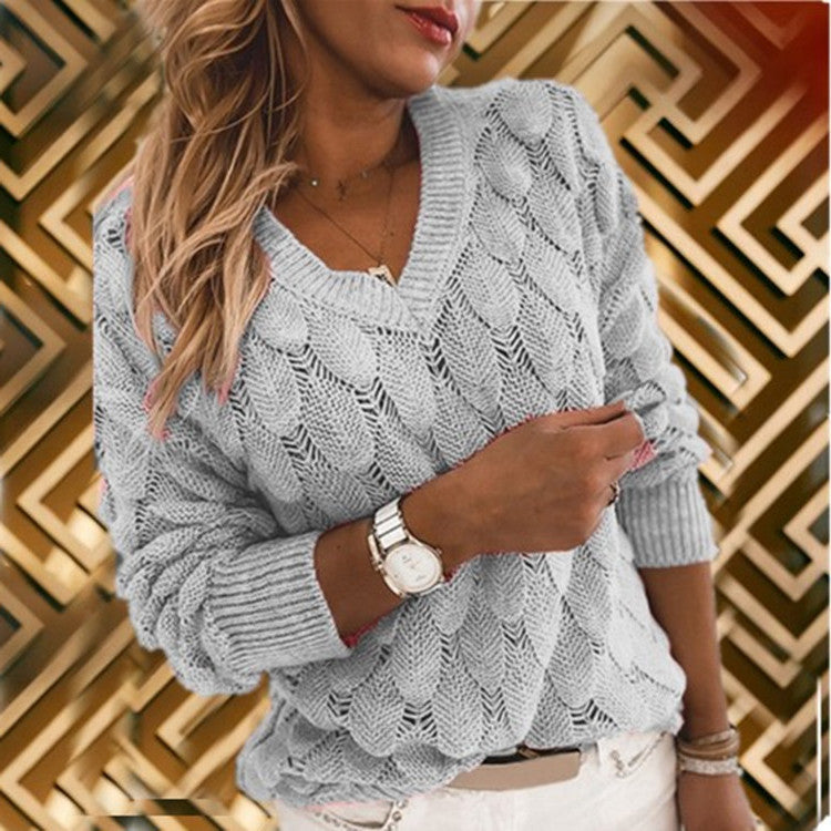 Knitted Sweater with Feather Detailing Hollow Out Design V Neck and Long Sleeves