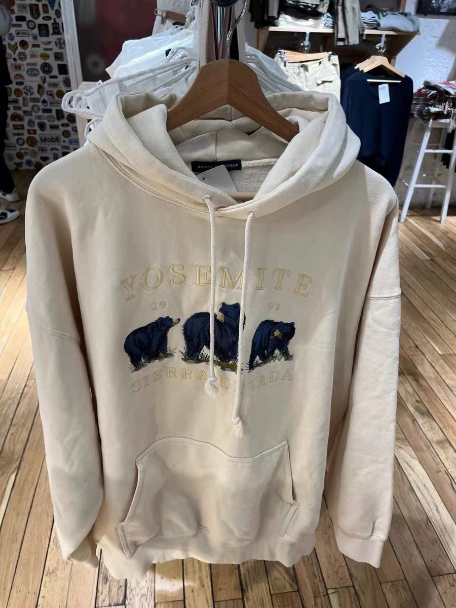 Cozy Bear Embroidered Beige Velvet Hoodie