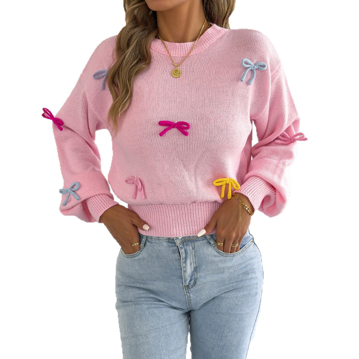 Fashionable Colorful Bow-knot Lantern-sleeve Waist-cinching Sweater