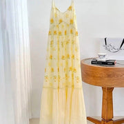 Yellow Floral-print Dress Strap-style Mood-setting Skirt