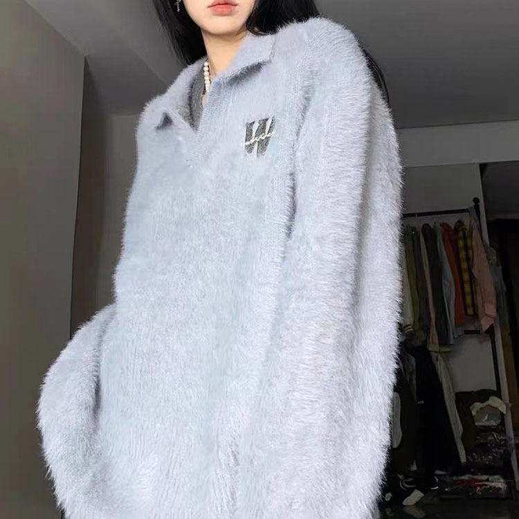 Cozy Imitation Mink Velvet Polo Collar Knit Sweater