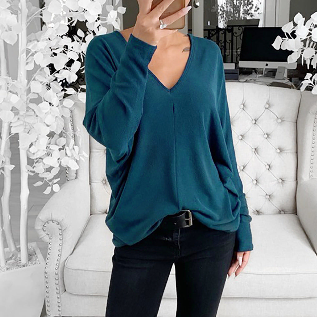 Women's Loose V-Neck Long-Sleeve Casual Pullover Tee