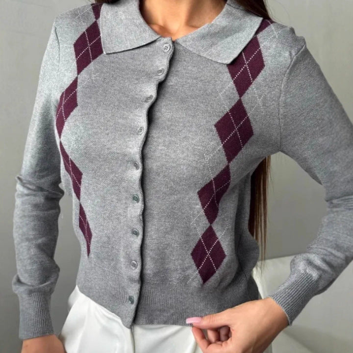 Womens Fashion Lapel Long-sleeve Single-breasted Knit Cardigan