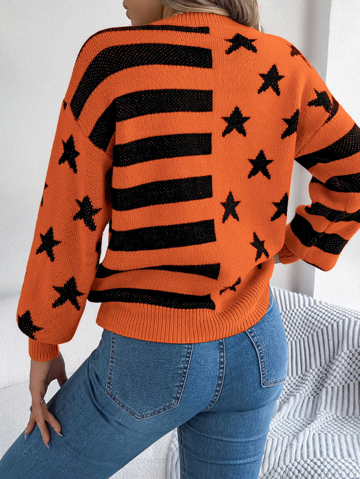 Women Casual Star Stripe Lantern Sleeve Long Sleeve Pullover Sweater
