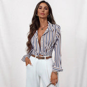 Womens Single-breasted Long-sleeve Casual Striped Shirt