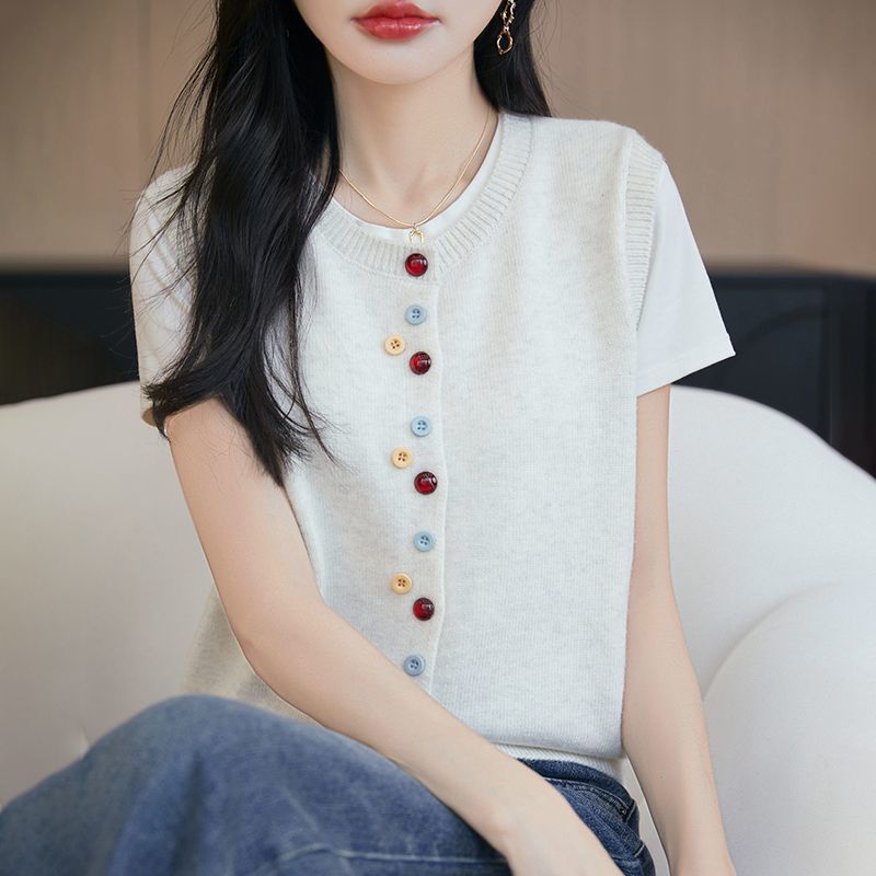 Women's Crew-neck Knitted Cardigan Vest with Colorful Buttons