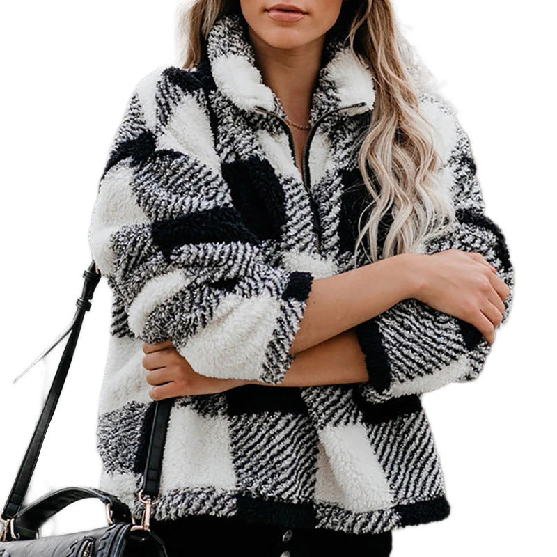 Women's Thickened Plaid Stand Collar Zipper Sweatshirt
